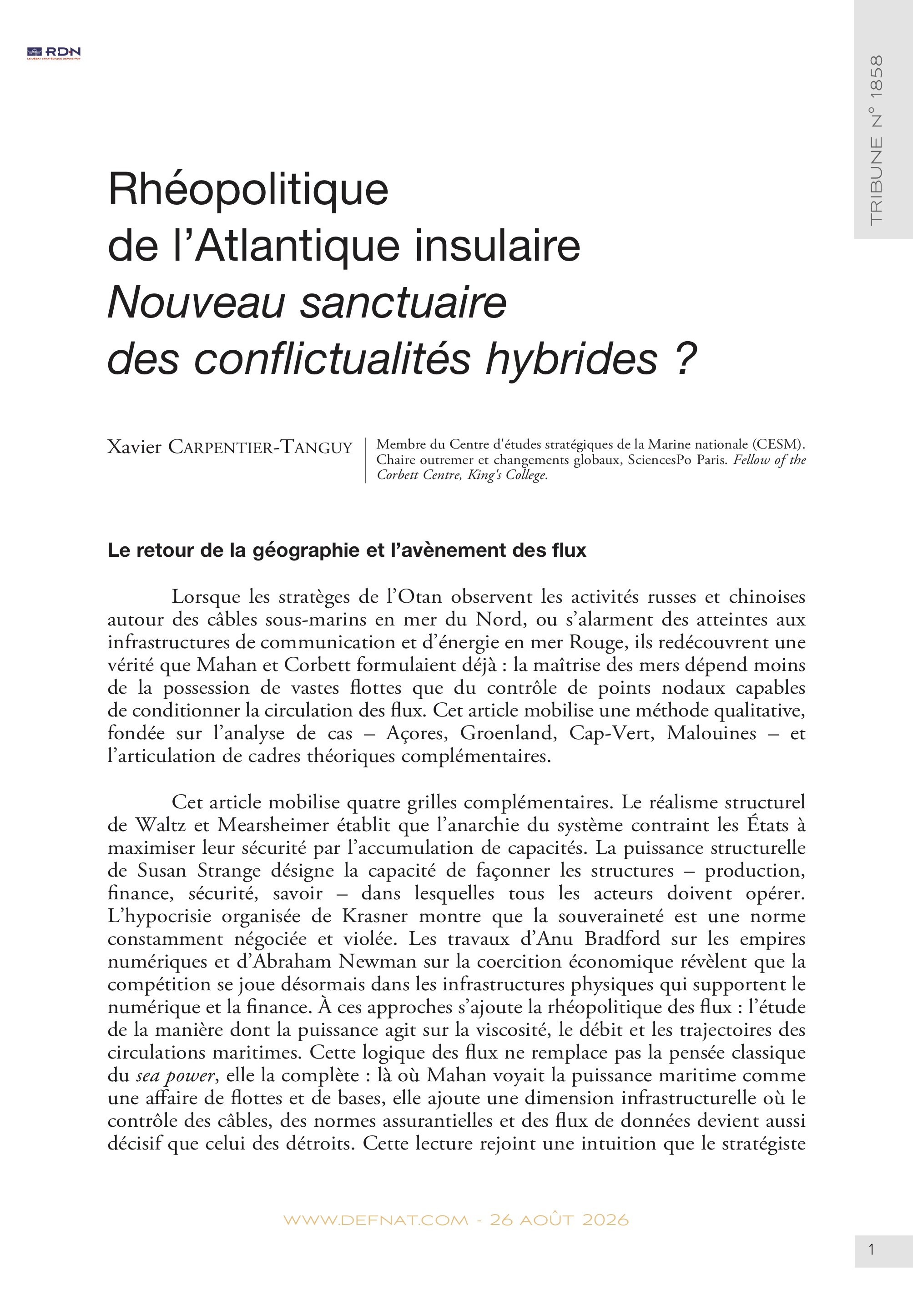 Rh&eacute;opolitique de&nbsp;l&rsquo;Atlantique&nbsp;insulaire. Nouveau&nbsp;sanctuaire des&nbsp;conflictualit&eacute;s&nbsp;hybrides&nbsp;? (T&nbsp;1858)
